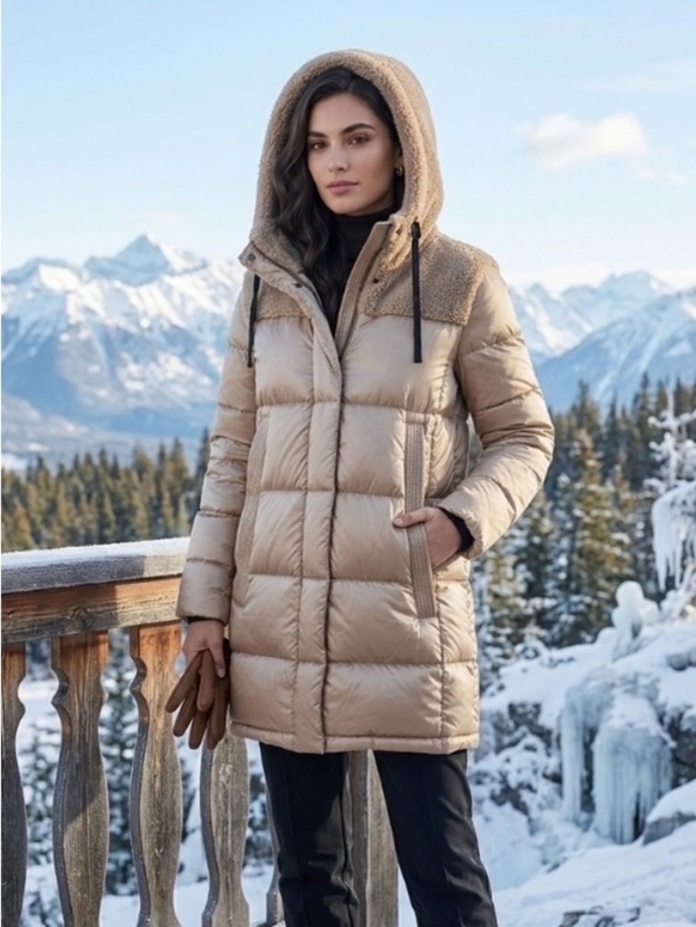 Koolaburra by UGG Women's Quilted Puffer Coat with Sherpa Hood - Beige